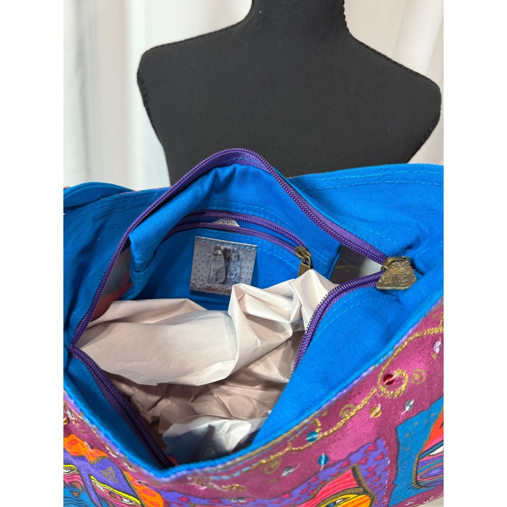 Laurel Burch Three Indigo Cats Canvas Tote Bag Sequin Embellished Purple Blue NW